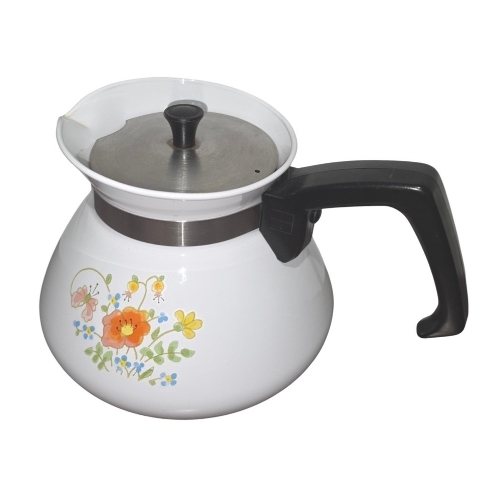 Vintage Floral Enamel Tea Kettle White Stovetop Teapot Stainless Lid Butterfly